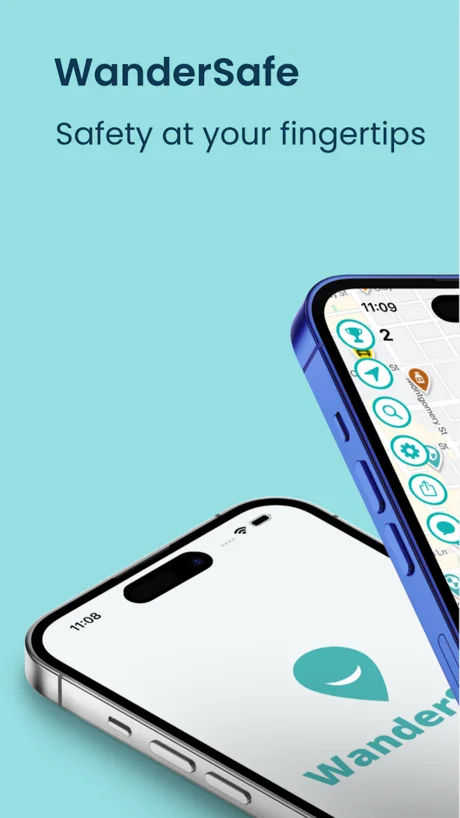 WanderSafe app splash screen with two iPhones showing the logo and safety map